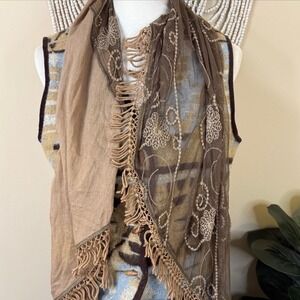 Chan Luu Fringe Bohemian Brown Floral Embroidered Embellished Layering Scarf